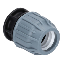 PP-Klemmkupplung mit schwarzem Fittingkörper und blauer Verschraubung vor weißem Hintergrund. Die Darstellung dient als neutrales Produktfoto und repräsentiert eine beliebige Ausführung der Klemmkupplungsserie.